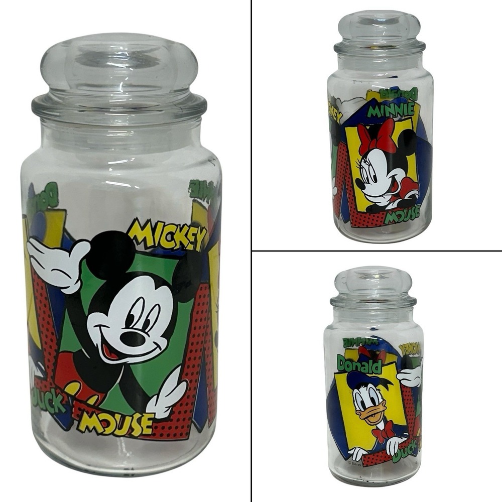 VTG‎ Disney Clear Glass Jar 8.5" Anchor Hocking Lid Pop Art Mickey Minnie Donald